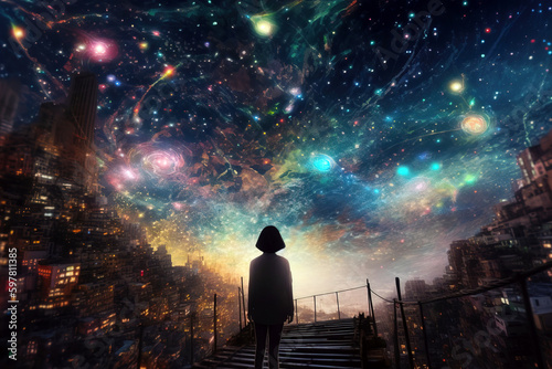 Place for my dreams. Girl looking at starry colorful night sky. Not an actual real person. Digitally generated AI image