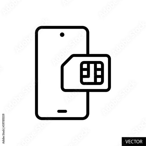 Smartphone or mobile phone and sim card vector icon in line style design for website, app, UI, isolated on white background. Editable stroke. Vector illustration.