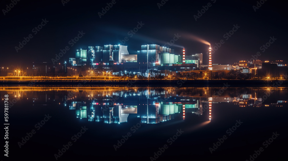 The cooling towers at night of the nuclear power generation plant, generative ai