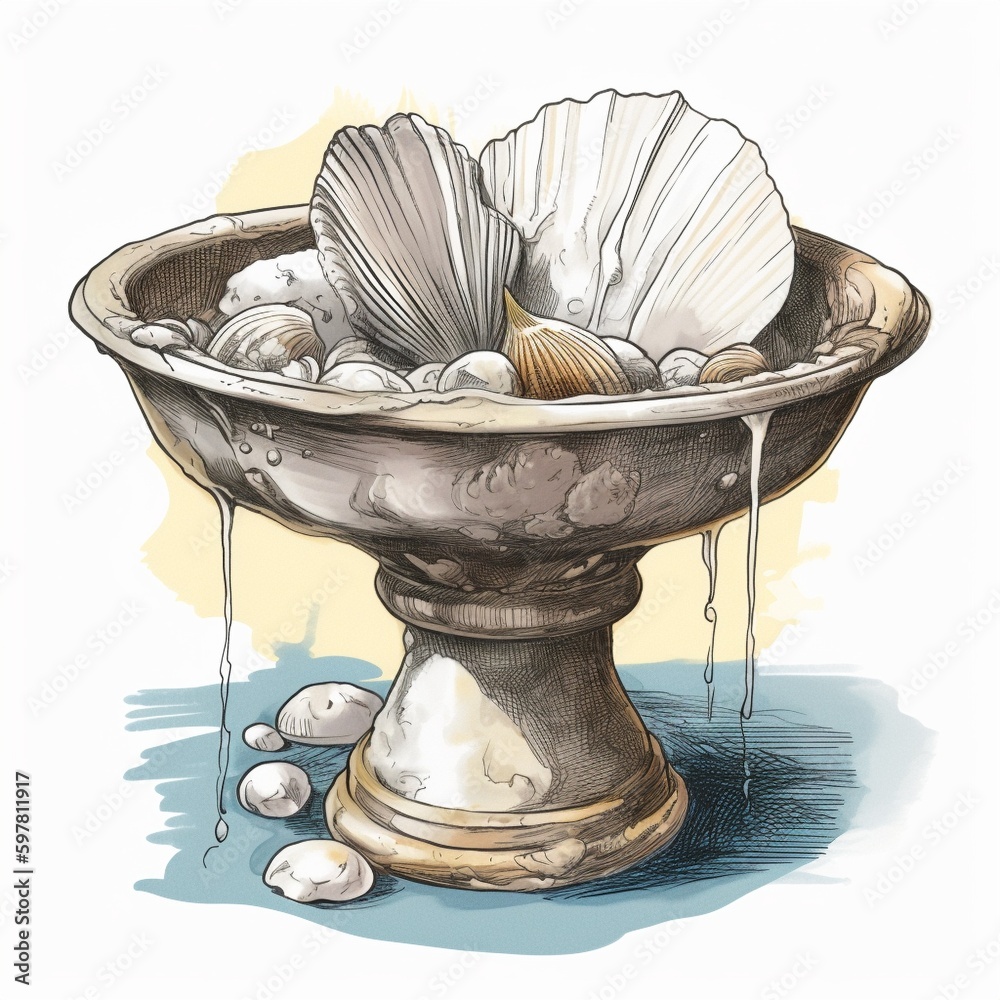 Cartoon baptismal font and shell with symbolic significance in Christian baptism Generative AI