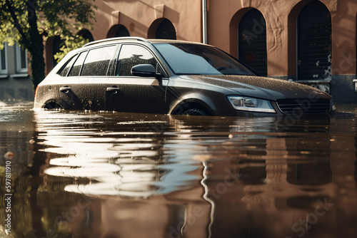 Car submerged in flood water. Car insurance concept. Generative ai
