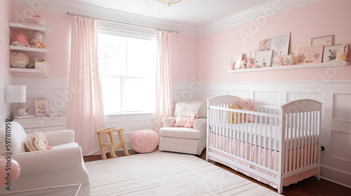 A cute and cozy nursery with light pink walls and white wainscoting, generative ai photo