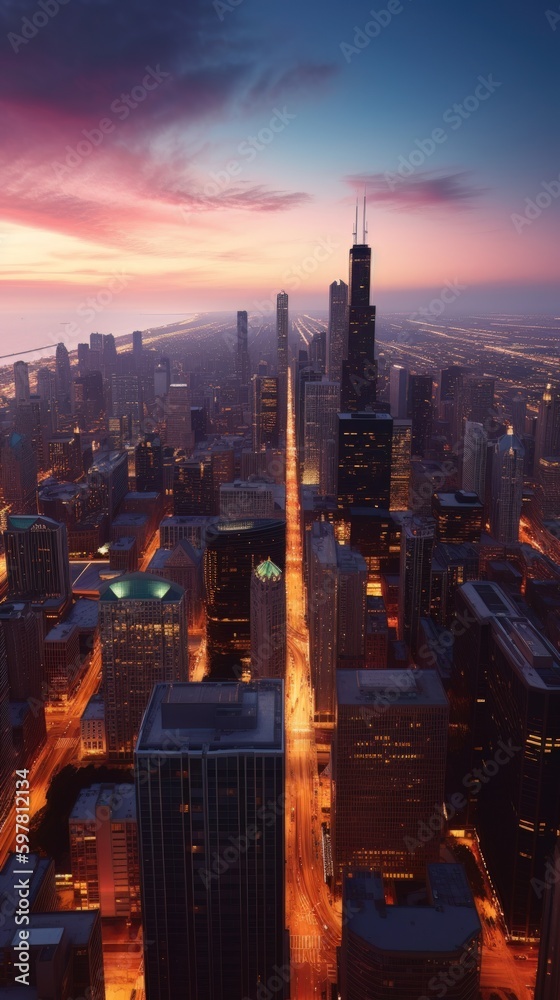 Fototapeta premium Cityscape of chicago at dusk with lights from the skyline. Generative AI