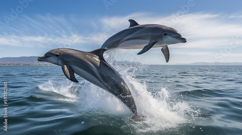 Beautiful bottlenose dolphins jumping out of sea with clear blue water on sunny day, generative ai