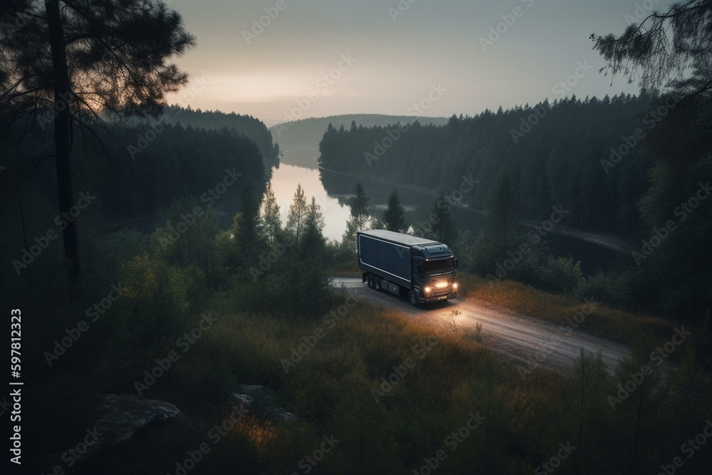 A semi truck with cargo trailer on a bend near a lake and pine forest in the Russian Republic during dusk. Generative AI