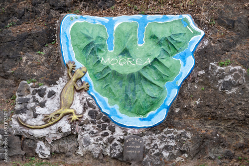 Historic stone plaque of Moorea island, French Polynesia
