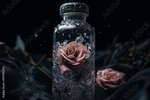 Icy rose with snowflakes on petals inside bottle on dark backdrop. Generative AI