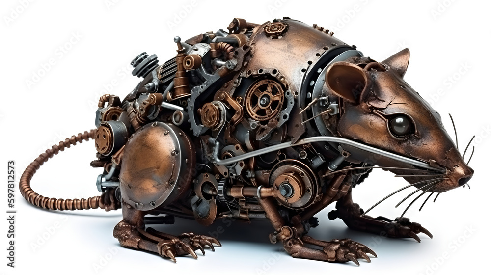 Metal steampunk rat on a white background. Generative AI. Metal steampunk rat on a white background. Generative AI.