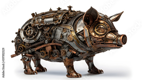Metal steampunk pig on a white background. Generative AI.