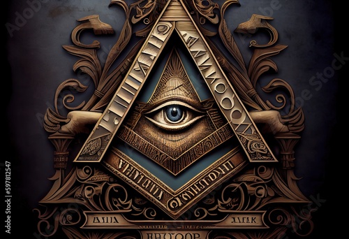 red rimmed Eye of Providence, All-Seeing Eye of God in triangle, ancient masonic symbol