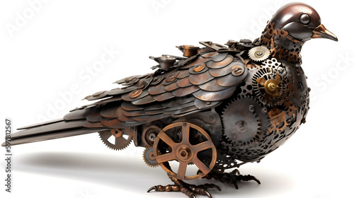Metal steampunk pigeon bird on a white background. Generative AI.