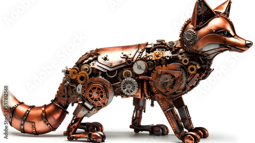 Metal steampunk fox on a white background. Generative AI.