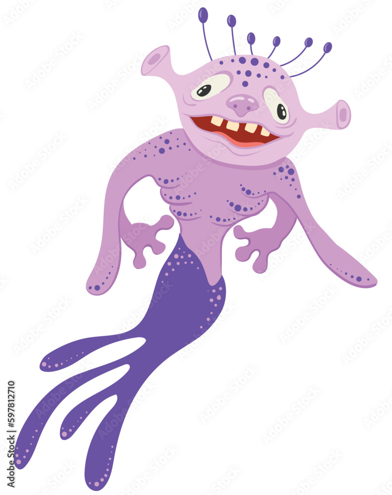 A lilac funny monster creature with a crown that looks like a reptile mermaid from another world. Vector image.
