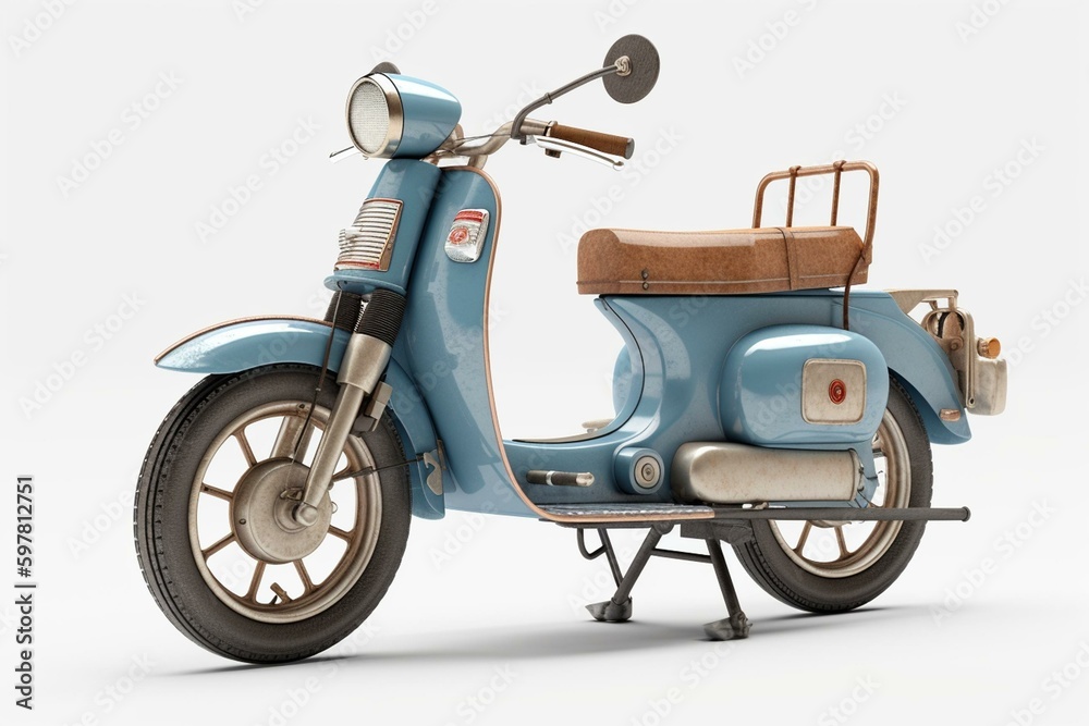 Vintage 1980s scooter motorcycle, 3D-rendered from a perspective view on a white background. Generative AI