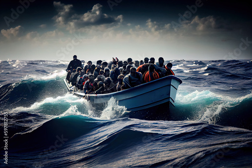 refugees in boat crossing stormy sea to get to another country