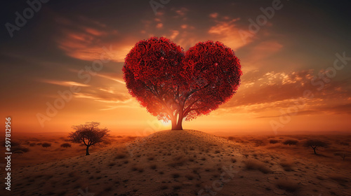 Love For Nature - Heart Tree - Red Landscape At Sunset, generative ai