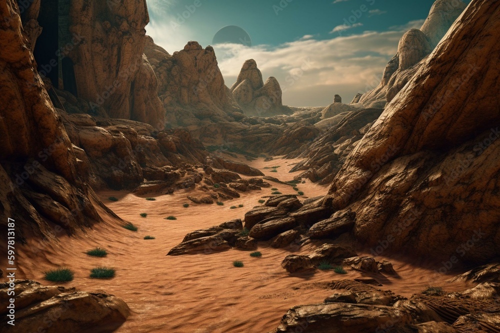 Illustration of Martian terrain with canyons for children's books. Generative AI