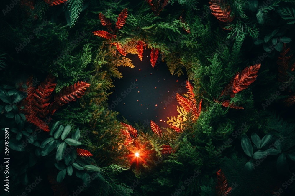 Festive circle with green foliage and red accents. Generative AI