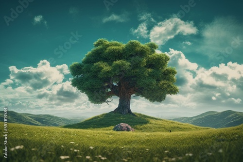 A gorgeous imaginative tree with love on a vivid green field. Illustration. Generative AI