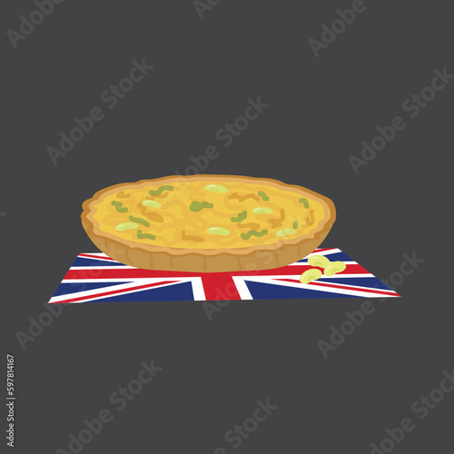 Coronation Quiche vector illustration with broad beans and Union Jack flag