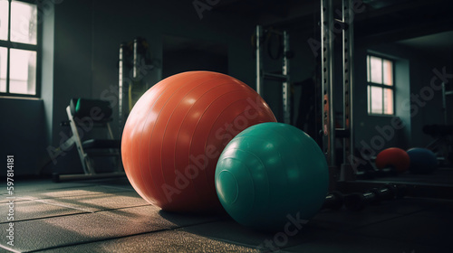 Fitness ball in gym and different sports equipment  generative ai