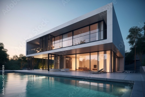 A contemporary 3D rendering of minimalist residential architecture. Generative AI