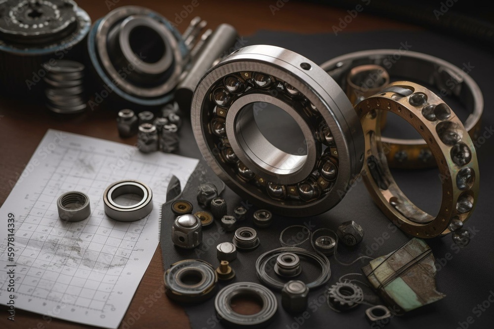 Diagram of disassembled round ball bearing. Generative AI