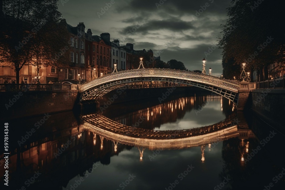 Fototapeta premium The Ha'penny Bridge in Dublin, Ireland crosses the Liffey River at dusk. Generative AI