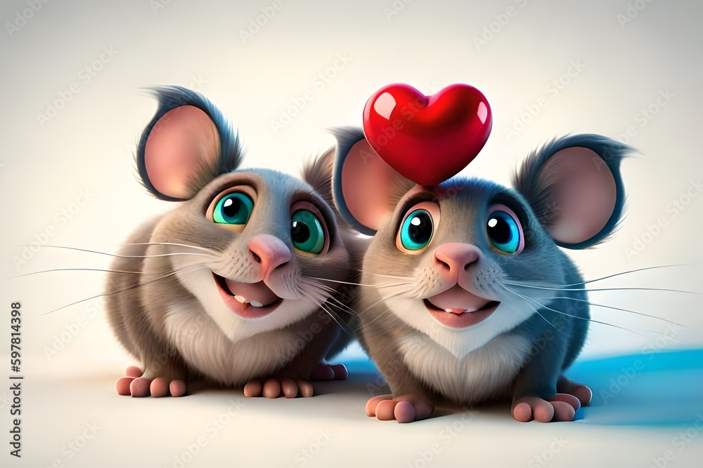 Charming mouse cartoon, Love illustration.  Generative AI