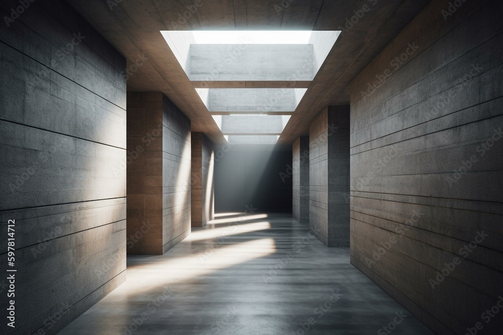 3D rendering of a concrete block tunnel in an abstract architectural design. Generative AI