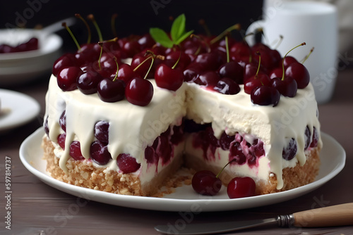 Cherry cake with whipped cream and cherries on a rustic background, generative AI content.