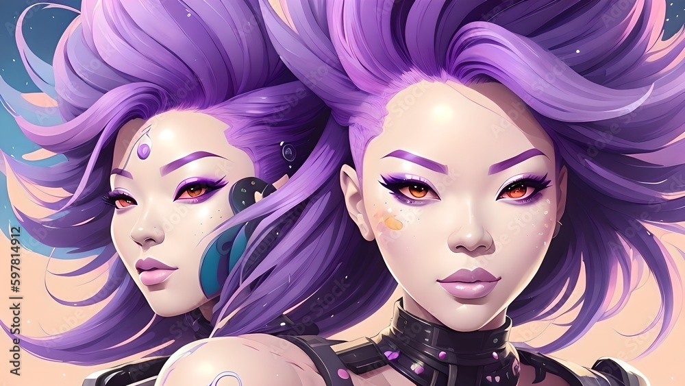 Naklejka premium Women with purple hair, generative AI