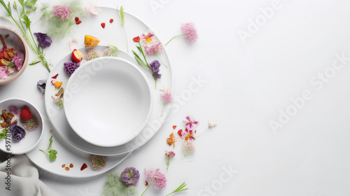 Beautiful table setting with floral decor on light background with space for text, top view, generative ai