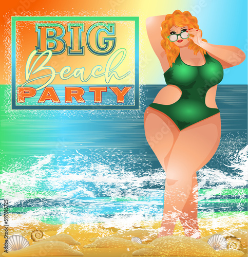 Big Beach Party vip greeting card. Plus size woman with sunglasses on the beach, vector illustration