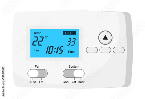 Thermostat vector. Controller with screen for floor, house heating, fan. Electronic thermostat controls and regulates temperaturein appartment remotely.