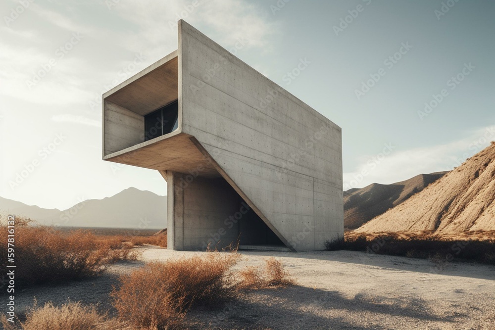 Contemporary cement structure with sharp angles amid arid terrain. Generative AI