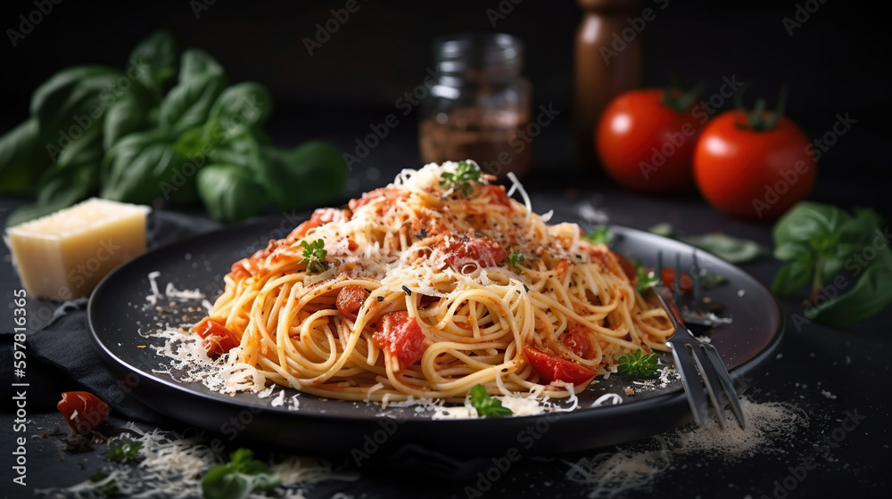 Tasty appetizing classic italian spaghetti pasta with tomato sauce, cheese parmesan and basil on plate on dark table. generative ai