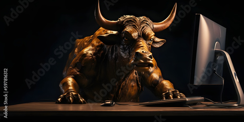 statue of a bull trading with a computer