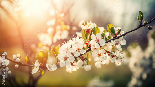 Spring blossom background. Beautiful nature scene with blooming tree and sun flare. Sunny day. Spring flowers. Beautiful Orchard, generative ai