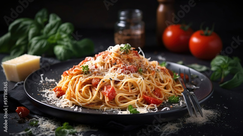 Tasty appetizing classic italian spaghetti pasta with tomato sauce, cheese parmesan and basil on plate on dark table. generative ai