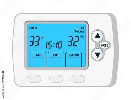 Thermostat vector. Controller with screen for floor, house heating, fan. Electronic thermostat controls and regulates temperaturein appartment remotely.