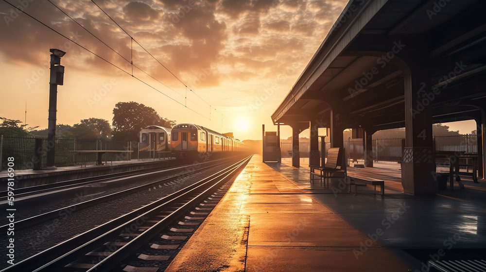 Train stop at railway station with sunset, generative ai