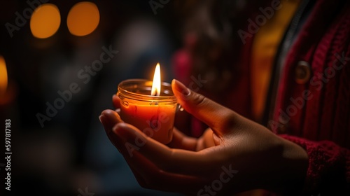 A close-up of a woman s hand holding a candle during a vigil to remember victims of violence against women. Generative AI photo