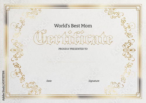 Worlds Best Mom Certificate Gold Vintage Template