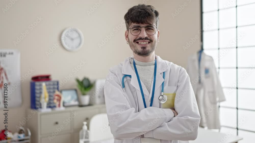 Young hispanic man doctor smiling confident standing with crossed arms at clinic Young hispanic man doctor smiling confident standing with crossed arms at clinic