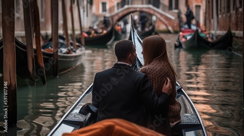 A couple enjoying a romantic gondola ride in Venice, Italy, celebrating World Tourism Day. Generative AI