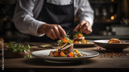 Chef presenting a beautifully plated dish, illustrating the art and creativity of cooking on Worldview Day. Generative AI