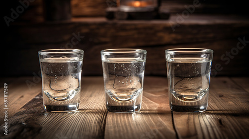 Fotografija Vodka in shot glasses on rustic wood background, generative ai