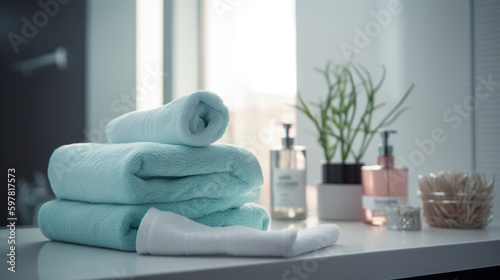 Toiletries and towels in the bathroom, personal hygiene concept, generative ai