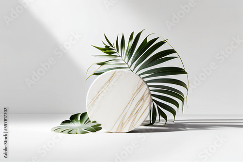 Beauty product photo background: smooth round white marble podium in hard sunlight, green tropical palm leaf on white table countertop,  negative space Generative AI